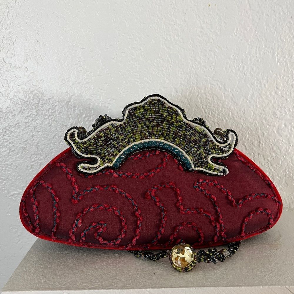 Vintage retro Mary Frances burgundy velvet embellished goth evening Y2K bag - Picture 9 of 11